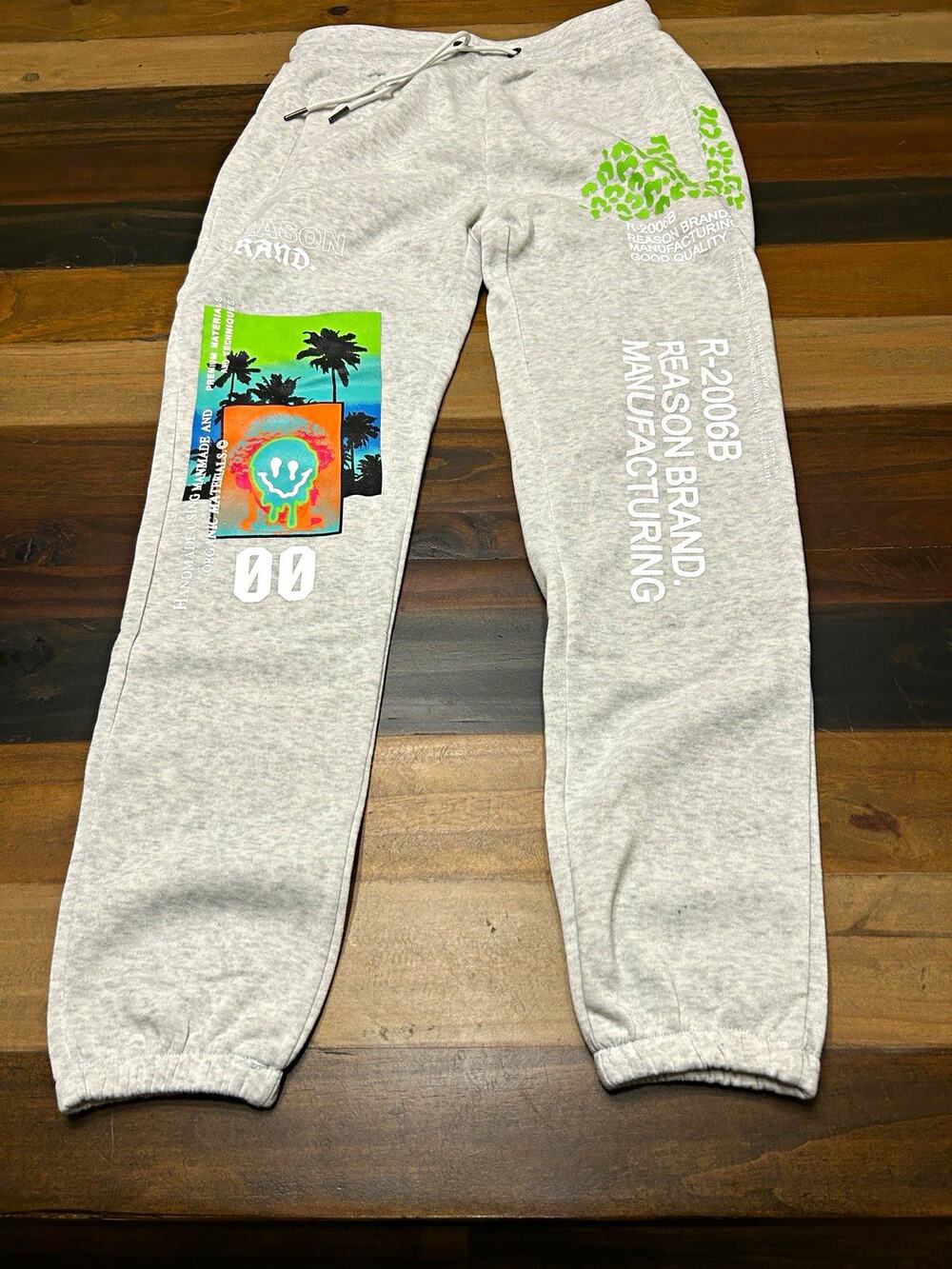 Reason Men’s M Gray Jogger Sweatpants Drawstring Pockets Graphic Logo